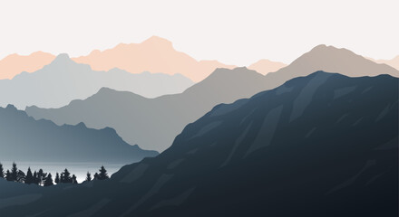 Illustration of nature, landscape with silhouettes of blue mountains with fog and cold sunlight, vector illustration for banner, poster, card, header. 