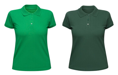 Woman green polo shirt isolated on white. Mockup female polo t-shirt front view with short sleeve - 541225716
