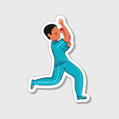 Isolated Faceless Male Cricket Bowler Throwing Ball On Grey Background In Sticker Style.