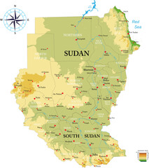 Sudan and South Sudan highly detailed physical map