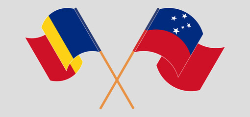 Crossed and waving flags of Romania and Samoa