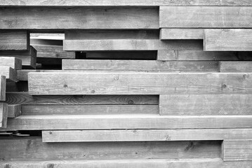 Wooden planks. Air-drying timber stack. Wood air drying. Timber. Lumber. Close-up