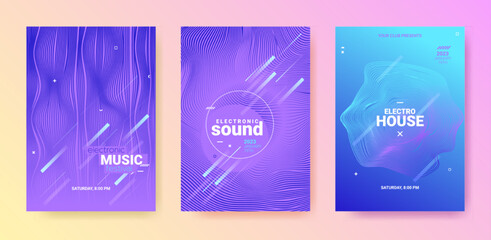 Dance Music Flyer Set. Electronic Party Cover. Abstract Edm Background. Gradient Distort Lines. Blue Purple Dance Music Flyer. Minimal Festival Illustration. Techno Sound Poster. Dance Music Flyer.