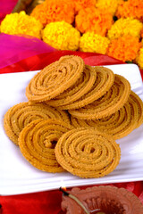 Traditional Indian Diwali snacks Chakali, murukku, Indian Traditional Tea Time Snack Chakli, Murukku, Muruku, Murkoo, Chakri, which is prepared during Diwali festival in India.
