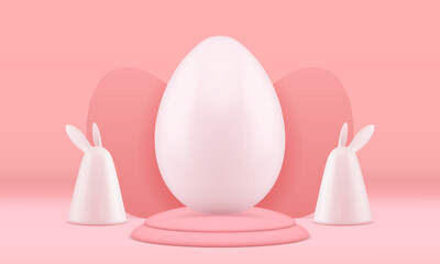 Easter chicken egg 3d pedestal with rabbit minimalist modern design realistic vector illustration