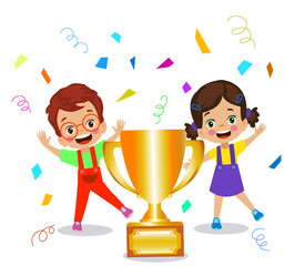 cute happy boy holding golden trophy