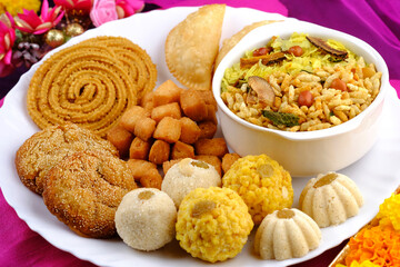 Diwali snacks Diwali faral, Diwali Special sweet and salty snacks, Festival snacks from Maharashtra, India.