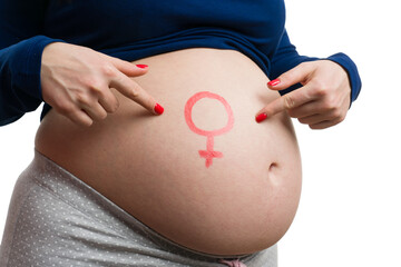 Close-up of future mom pointing at her tummy with Venus symbol drawing