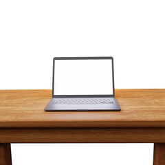 laptop on wooden table, transparent background