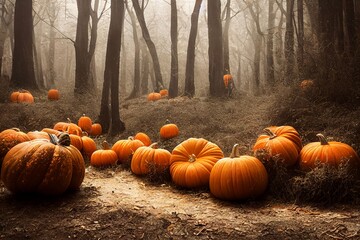 Pumpkins in Autumn Forest