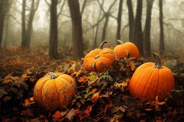 Pumpkins in Autumn Forest