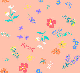 the stylized pattern is seamless, simple and minimalistic . the effect  drawing with pencils, pastels. bright spring summer flowers. background artwork for  fabrics, souvenirs 