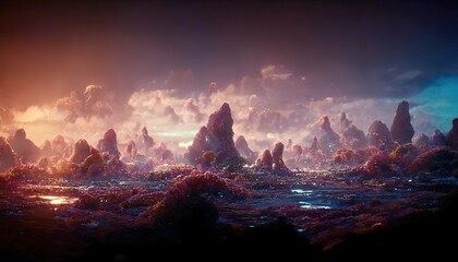 Fantastic alien planet landscape. Illustration Futuristic sci-fi landscape. Ai generated.