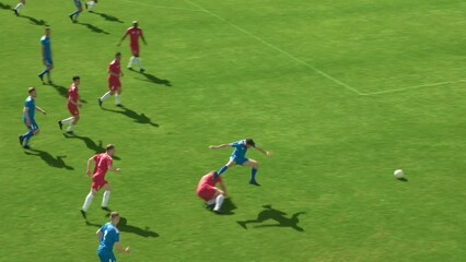 Soccer Football Championship Match: Referee Sees Foul, Gives Signal and Yellow Card, Players Circle him Upset. International Tournament. Sport Broadcast Channel Television Playback. Tracking Shot