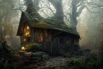 AI generated image of a scary and mysterious wizard's cottage in the forest - obrazy, fototapety, plakaty