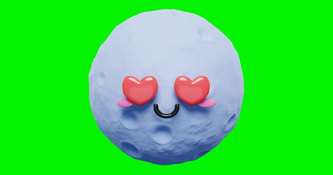 Looped 3d Cute and adorable moon emoji character emoticons with green screen. 3d cartoon moon with love eyes emoticon.