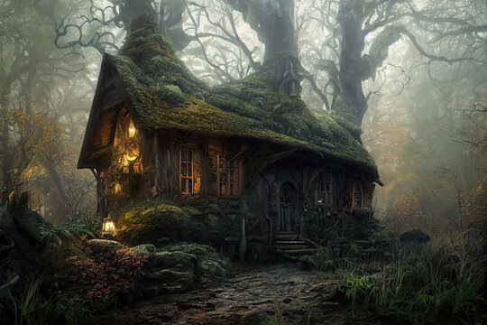AI generated image of a scary and mysterious wizard's cottage in the forest