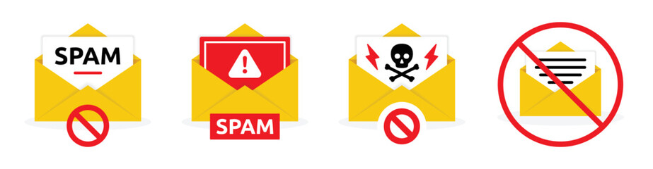 Spamming mailbox icon set. Email hacking and spam warning symbol collection. Vector Illustration. - obrazy, fototapety, plakaty
