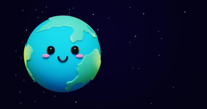 Loop animation of 3d adorable cartoon earth emoji, green planet with happy mood in space with copy Space background as concept for love and peace. 3d render animation