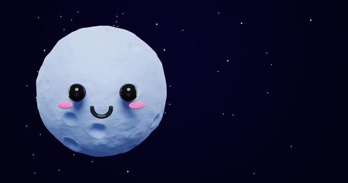 Loop animation of 3d adorable cartoon moon emoji with happy mood in space with copy Space background as concept for love and peace. 3d render animation