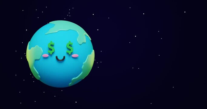 Loop animation of 3d adorable cartoon earth emoji, green planet with dollar eyes and happy mood in space with copy Space background as concept for love and peace. 3d render animation