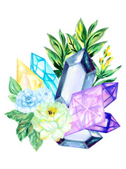 Watercolor hand drawn illustration gemstone crystals precious semiprecious minerals with flowers and leaves. Occult witchcraft concept