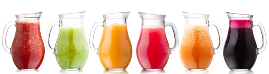 Gordijnen Smoothies of freshly pressed juices in glass pitchers, isolated © maxsol7