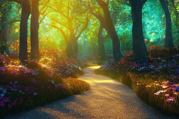 A carefully manicured glowing crystal mosaic path through an elvish forest, cozy and delightful colors, autumn features, flowers and butterflies, bubbles and bees, god rays, natural lighting