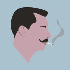 Silhouette. Stylish guy with mustache. Male head with mustache. Avatar. Man head silhouette. Man Flat illustration. Guy avatar. Smoking guy.