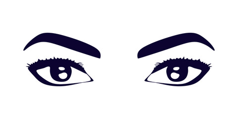 Illustration of a luxurious female eye with perfectly shaped eyebrows and full eyelashes. Hand drawn brown eyes idea for business card, typography vector. Perfect view of the salon. Vector