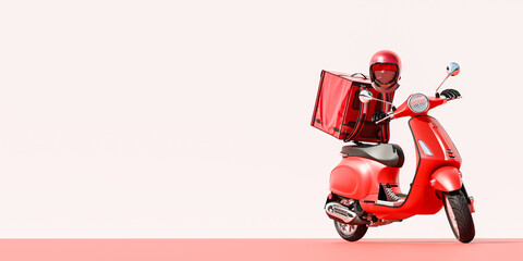 3D Online food order and food delivery service.carrier on freight scooter and delivery bag,red and white color background.Food delivery red moto scooter driver with red backpack and delivery box © DOUGLAS