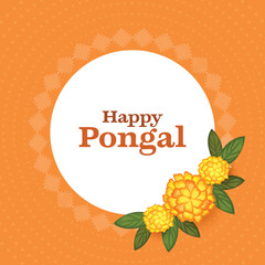 Happy Pongal Font Over White Round Frame With Kolam Symbol, Marigold Flowers, Leaves On Orange Dotted Background.
