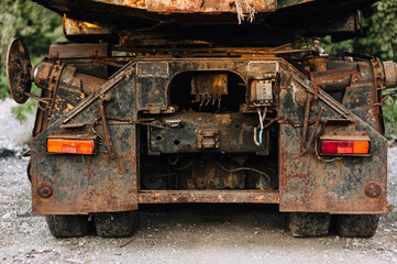 Back of an old rusty truck car with headlights. Photography, transport.
