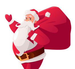 Funny happy Santa Claus with a bag isolated on a white background. Festive Cartoon Character in Winter Season. Vector cute Illustration. For Christmas and New Year posters, gift tags and labels.