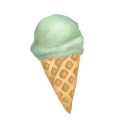 Waffle cone with white scoop of ice cream. Watercolor ice cream, Gelato. Kiwi or
pistachio flavor flavor. Cold sweets. Summer concept.
