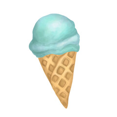 Waffle cone with turquoise scoop of ice cream. Watercolor ice cream, Gelato. Mint flavor. Cold sweets. Summer concept.