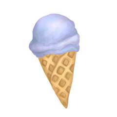 Waffle cone with blue scoop of ice cream. Watercolor ice cream with blue blueberry flavor scoop. Gelato. Cold sweets. Summer concept.