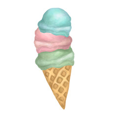 Waffle cone with three scoops of ice cream. Watercolor ice cream with pink, turquoise and green scoops. Gelato. Cold sweets. Summer concept.