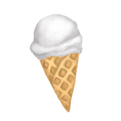 Waffle cone with white scoop of ice cream. Watercolor ice cream, Gelato. Vanilla, rafaello or plombir flavor.. Cold sweets. Summer concept.
