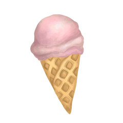 Waffle cone with pink scoop of ice cream. Watercolor pink ice cream, Gelato. Strawberry, raspberry or bubble gum flavor. Cold sweets. Summer concept.