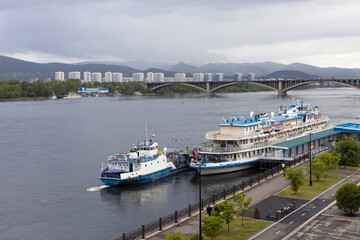 Krasnoyarsk, Russia - June 8, 2022: Tourist river ship 'Alexander Matrosov' in the port of...