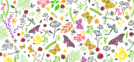 Mug design with flowers and insects. Horizontal background with cute insects and flowers. Vector illustration