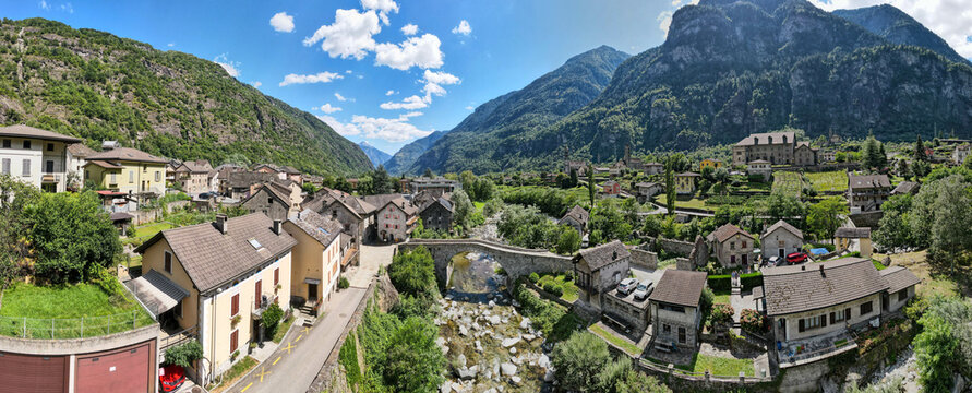 Drone view at the village of Giornico on Switzerland
