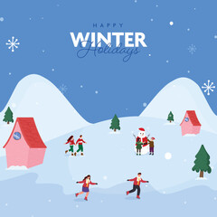 Fototapeta na wymiar Happy Winter Holidays Poster Design With Xmas Tree, House And People Enjoying On Snowfall Blue Background.