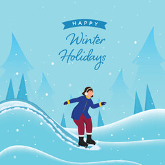 Winter Time Nature Background With Faceless Young Girl Skating On Ice For Happy Holidays Concept.