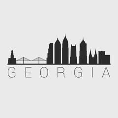 Georgia, USA City Skyline. Silhouette Illustration Clip Art. Travel Design Vector Landmark Famous Monuments. - obrazy, fototapety, plakaty