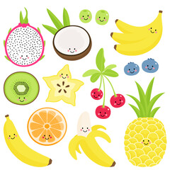 set of colorful cute tropical fruits