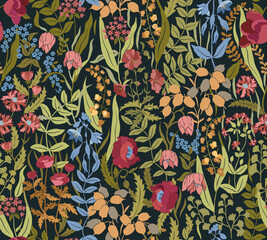 Wildflowers on black background seamless pattern. Vector illustration. - 541235971