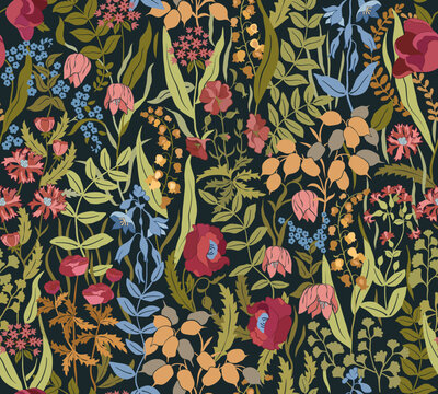 Wildflowers on black background seamless pattern. Vector illustration.