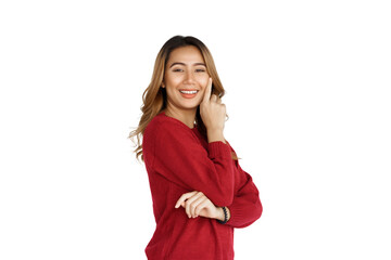 Excited confident asian happy woman in winter sweater red color isolated on white background.